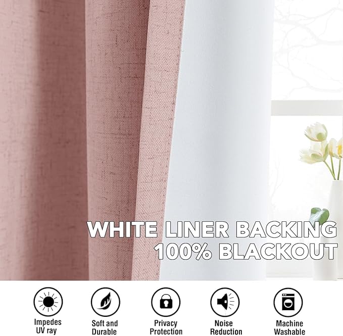 H.VERSAILTEX Linen Curtains 100% Blackout Curtains for Bedroom 102 inch Long Full Light Blocking Nature Linen Blended Window Curtains for Living Room Nickel Grommet (2 Panels, Heathered Baby Pink)