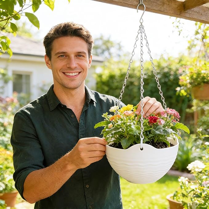 Bvrbaory 4 Pack 8 inch White Hanging Planters,Self-Watering Indoor Outdoor Plant Pots,Round Hanging Basket with Water Tray Metal Chain for Garden,Porch,Wall Decoration