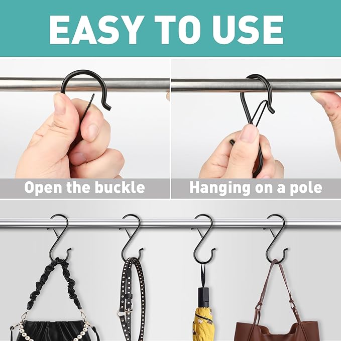 Navona 20 Pcs S Hooks for Hanging Heavy Duty, 3.5-inch Heavy Duty Metal S Hook with Safety Buckle, Suitable for 0.5 inch Rods, S Hook for Hanging Plants, Closet, Kitchen Utensil, Pot, Pan, Bags