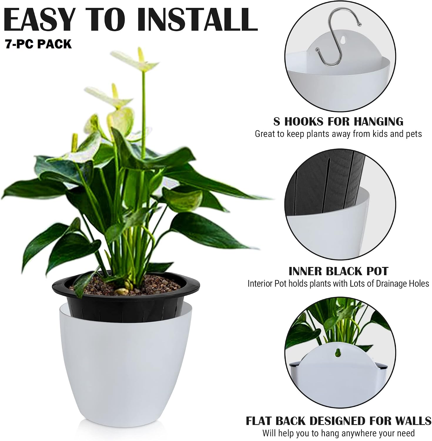 ShoppeWatch Wall Planters for Indoor Plants 7 Pack | Hanging Planters Large 7 Inch with Hooks | Wall Pots for Plants | 7.28 x 6.1 inches - PL35