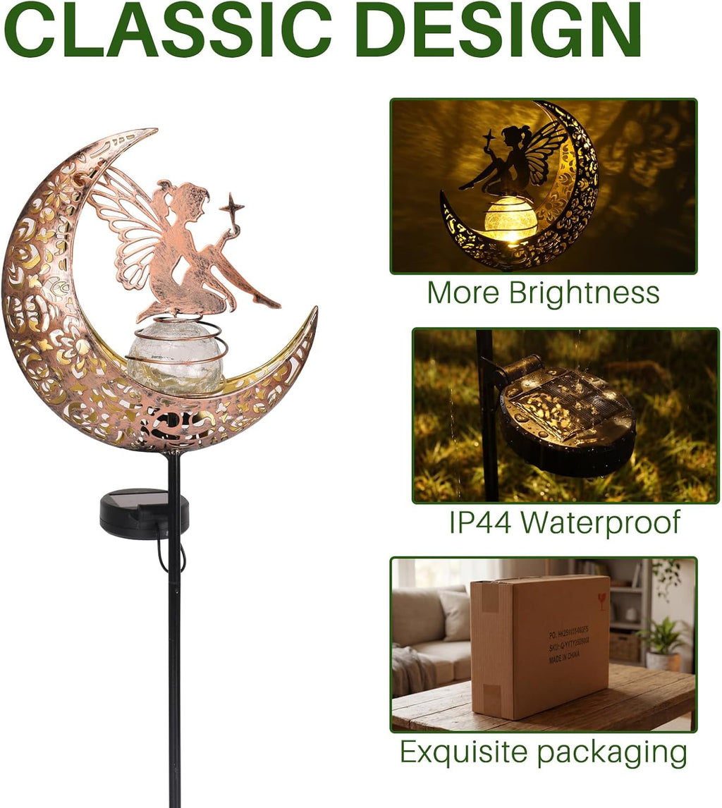 MEBRUDY Fairy Solar Garden Outdoor Decor, Moon Figurine Light Stake Housewarming Ornament for Patio, Lawn, Yard, Pathway, Unique Gift Ideas for Gardening, Mom, Grandma, Women