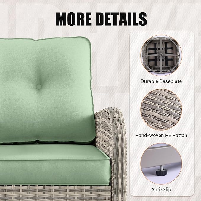 9-Piece Outdoor Patio Furniture Set with Rocking Swivel Chair Wicker Sectional Sofa Set, Patio Conversation Set with Thickened Cushions & Coffee Table for Garden, Backyard, Light Green