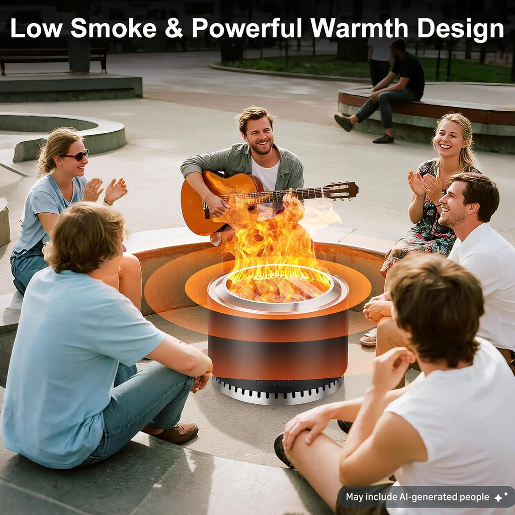 27 inch smokeless fire pit with waterproof cover shown in use