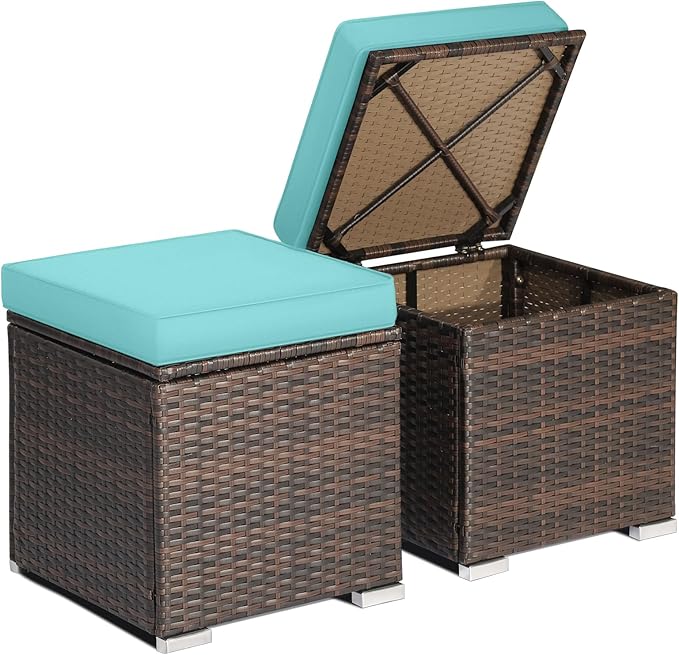 RELAX4LIFE Wicker Outdoor Storage Ottoman, 2-Piece Rattan Footstool w/Removable Cushion, Multipurpose Footrest Stool Side Table Additional Seating, Set of 2 Outdoor Ottomans for Patio Deck (Turquoise)
