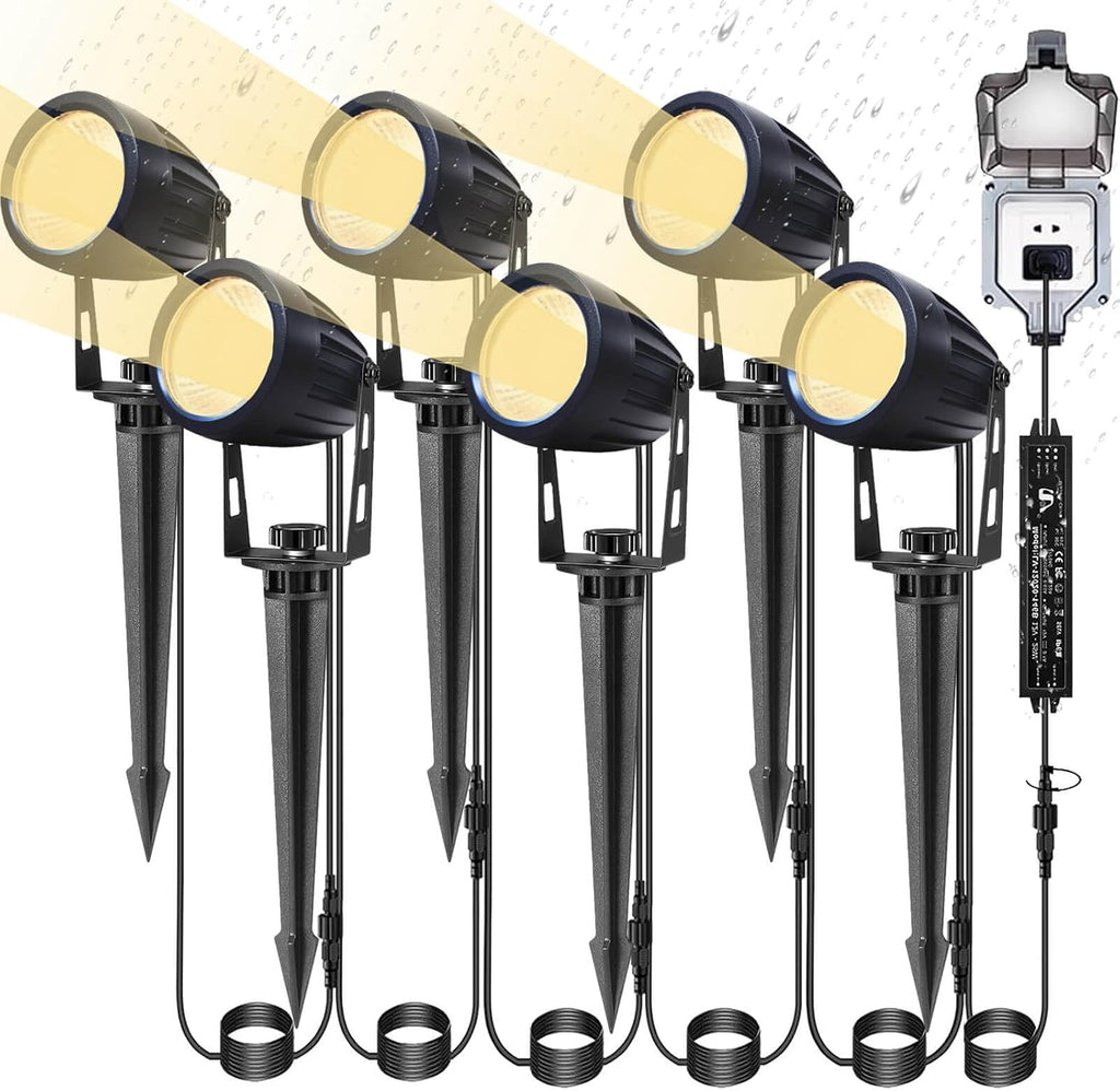 Low Voltage Landscape Lighting 6 Pack, 12V LED Outdoor Landscape Spotlights Outside Graden Pathway Lights, Plug in Spot Lights with Waterproof Transformer for House Yard Flag Tree Lawn Decor