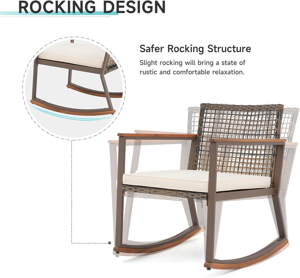 Verano Garden 3 Pieces Rocking Bistro Set, Conversation Bistro Set | Outdoor Chairs and Table Set, Wood Armrest, Soft Cushions, Small Porch Set, Balcony Set, Garden, Patio, Yard, Mix Brown
