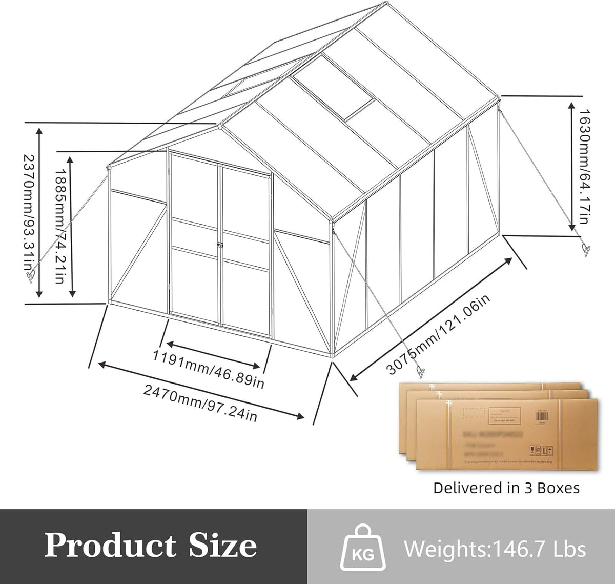 8x10 ft greenhouse, walk-in outdoor heavy duty polycarbonate, close-up detail