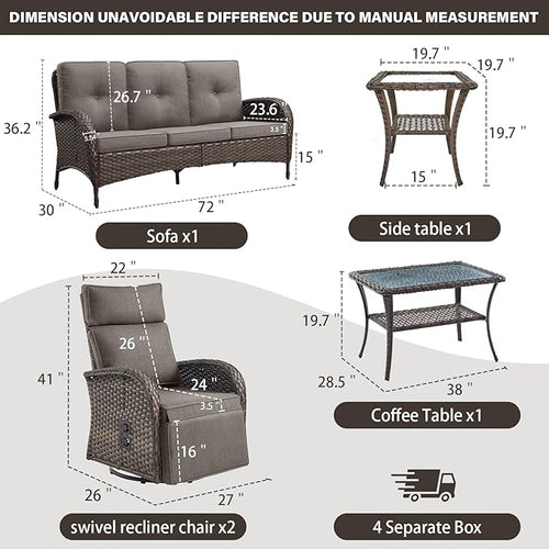 5 Piece Patio Furniture Set with Swivel Recliner Chair - Removable Outdoor Patio Couch Set, Chaise Lounge Chair Outdoor with Adjustable Backrest and Footrest and Coffee Table for Casual Gathering
