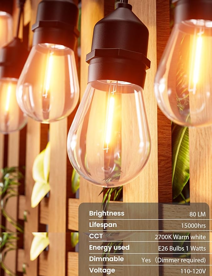 Svater Outdoor Led String Lights 36 FT, Patio Lights for Outside with 13pcs S14 Shatterproof Bulbs, 1 Watt E26 Dimmable, IP65 Waterproof, Commercial Grade Bistro Light 2700K Warm White
