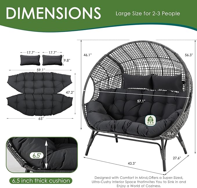 NICESOUL® Double Egg Chair Indoor Outdoor Stationary Oversized 6.5" Thick Padded Cushions,2 Person Wicker Egg Loveseat Chair,680 lbs Extra Wide Lounge Chair for Patio Balcony Porch Gray with Cover
