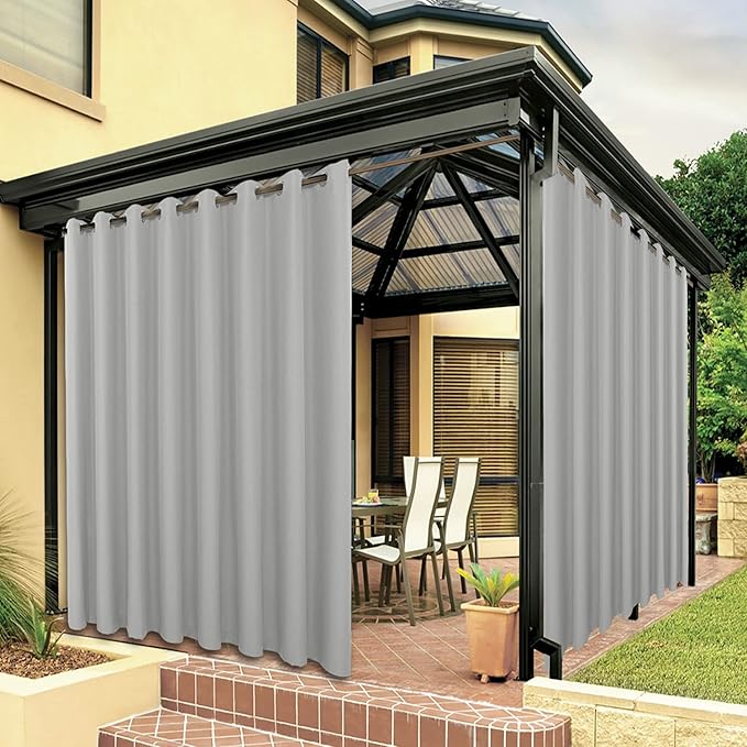 BONZER Waterproof Indoor/Outdoor Curtains for Patio Thick Privacy Wide Grommet Curtains for Bedroom, Living Room, Porch, Pergola, Cabana, 1 Panel, 110W x 84L inch, Silver