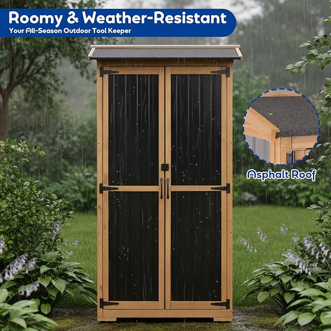 Storage Cabinet Outdoor Garage Cabinets with 3 Adjustable Shelves, Lockable Door, Wood & Metal Weather-Resistant Pantry Cabinet for Patio Garden Home Farm (33.3" Lx 21" Wx 69" H)