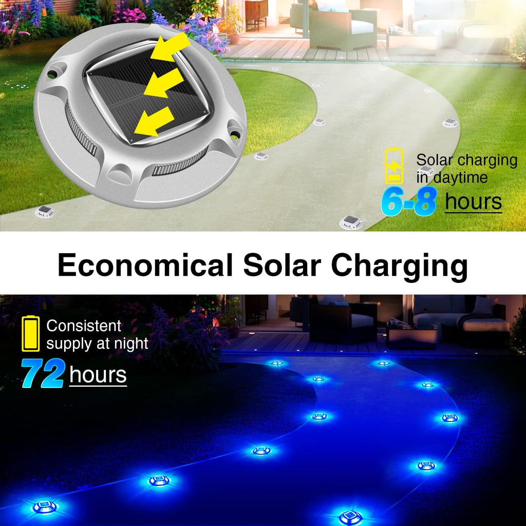 Solar Driveway Lights - 10 Pack, IP68 Waterproof, 2 Color Modes (Blue/White) for Step, Sidewalk, Pathway, Patio, Garden
