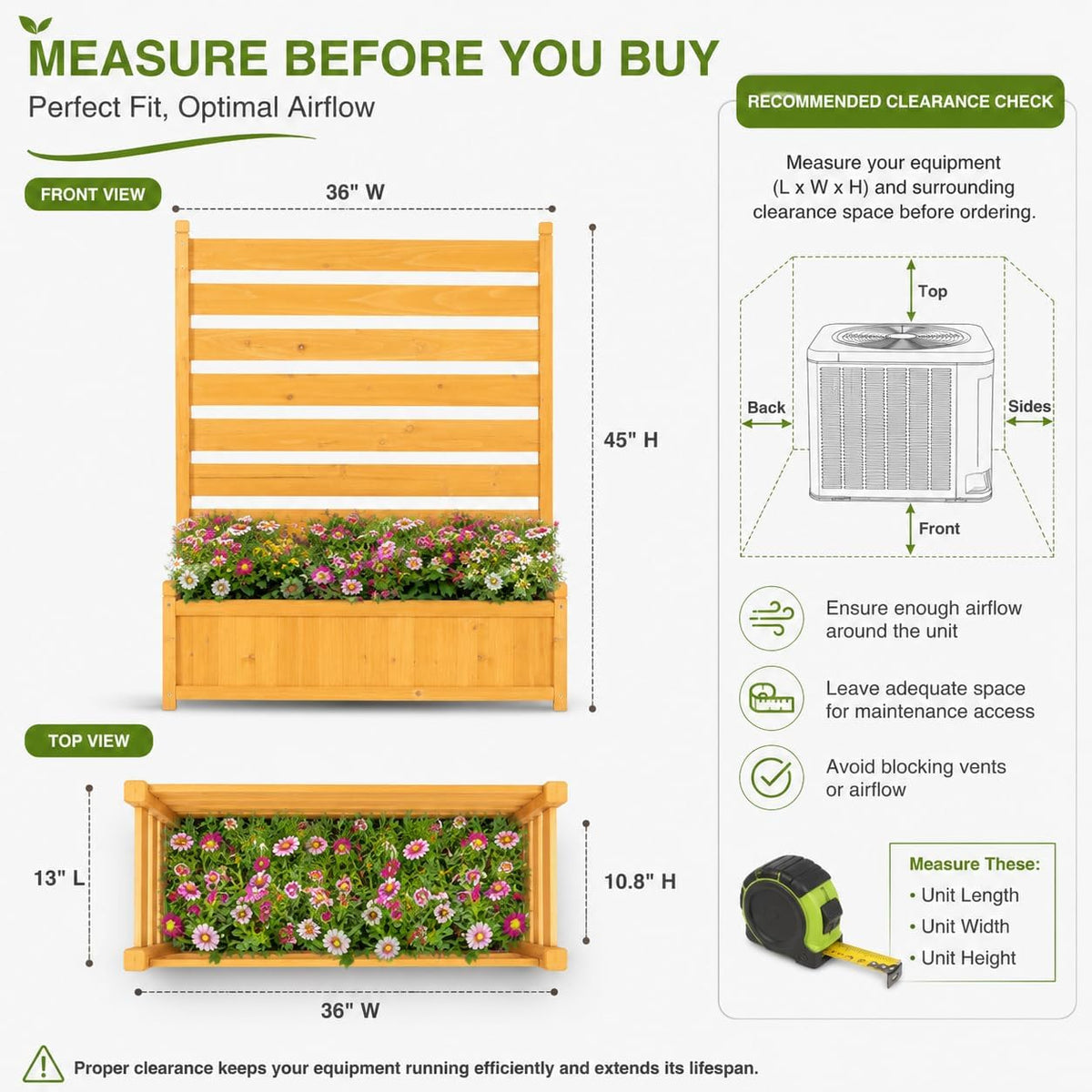 wood ac privacy fence with planter, 2 panels, close-up detail