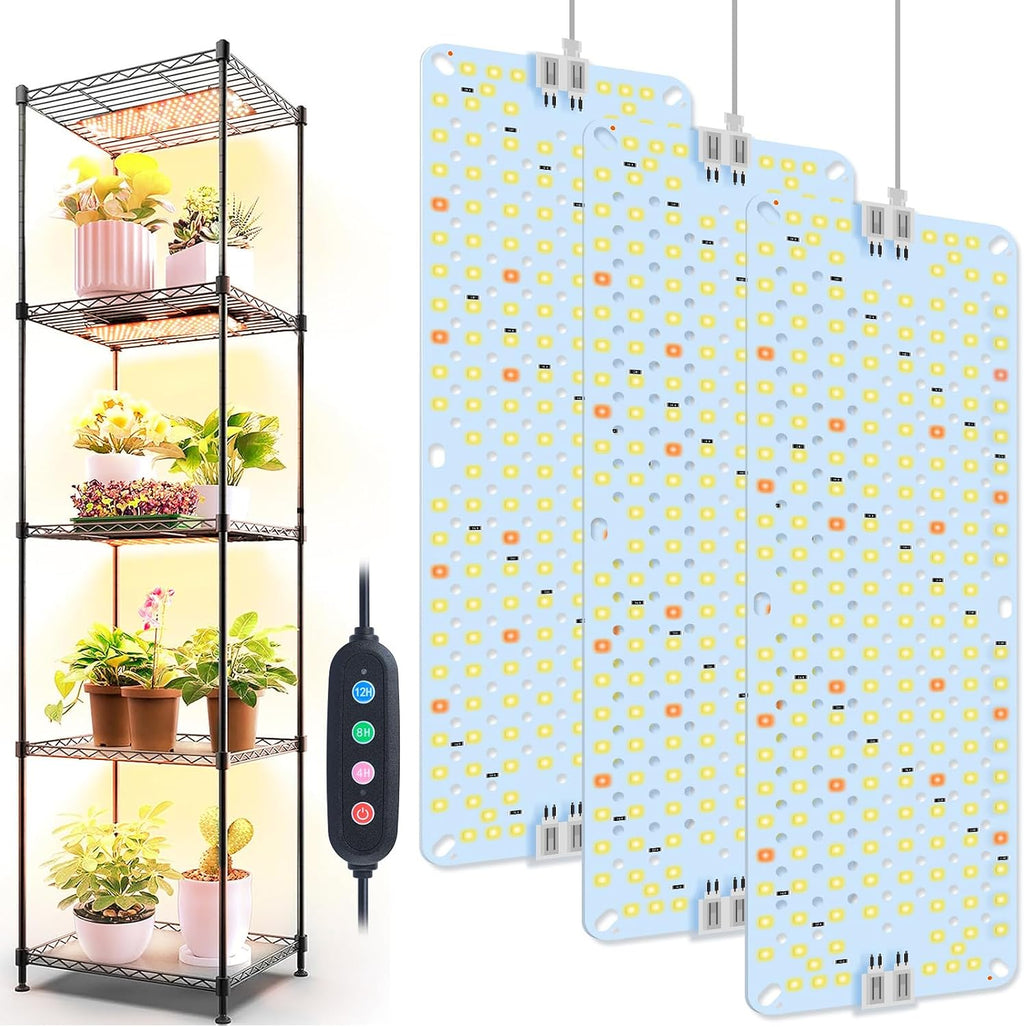 3Panel Grow Lights for Indoor Plants, Seed Starting, Veg, Pot Plants, Bonsai with Timer 4/8/12/16/20H, Ultra-Thin Under Cabinet & Shelf Full Spectrum LED Plant Growing Lamps, Multi-Panels Free Connect