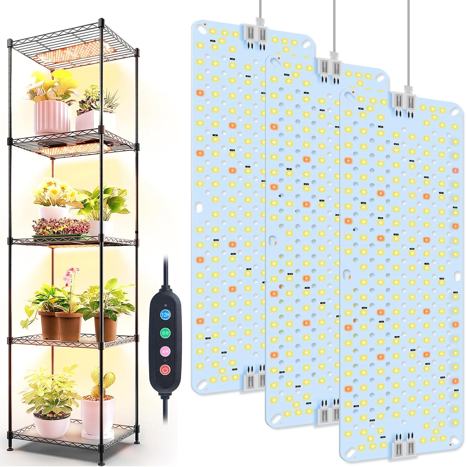 3Panel Grow Lights for Indoor Plants, Seed Starting, Veg, Pot Plants, Bonsai with Timer 4/8/12/16/20H, Ultra-Thin Under Cabinet & Shelf Full Spectrum LED Plant Growing Lamps, Multi-Panels Free Connect