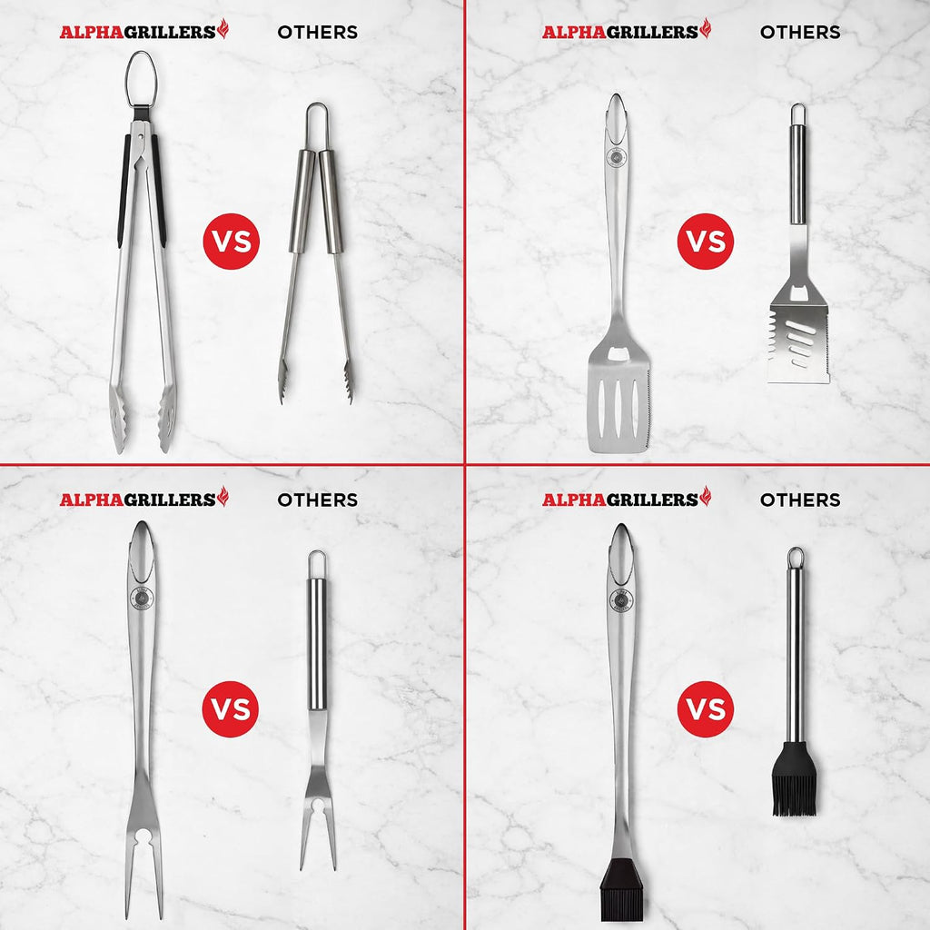 Alpha Grillers Grill Tools Set, BBQ & Grilling Accessories Outdoor Utensils | Heavy-Duty Stainless Steel Spatula, Fork, Brush & Tongs, Great BBQ Gift for Men