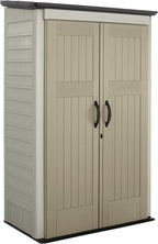 Rubbermaid Vertical Resin Outdoor Storage Shed With Floor (4 x 2.5 Ft) Weather Resistant Beige/Brown Organization for Home/Backyard/Pool Chemicals/Toys/Garden Tools/Porch/Patio Cushions