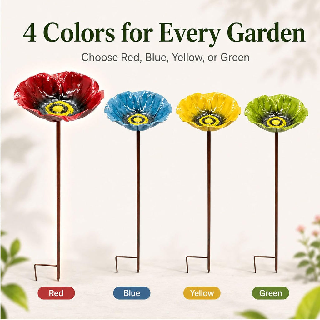 Flower Bird Bath and Feeder, 24.8-Inch Outdoor Metal Stake (Rose red) | Flower-shaped bowl holds water or seed; 3-section metal stake installs tool-free with a stable H-style ground base.