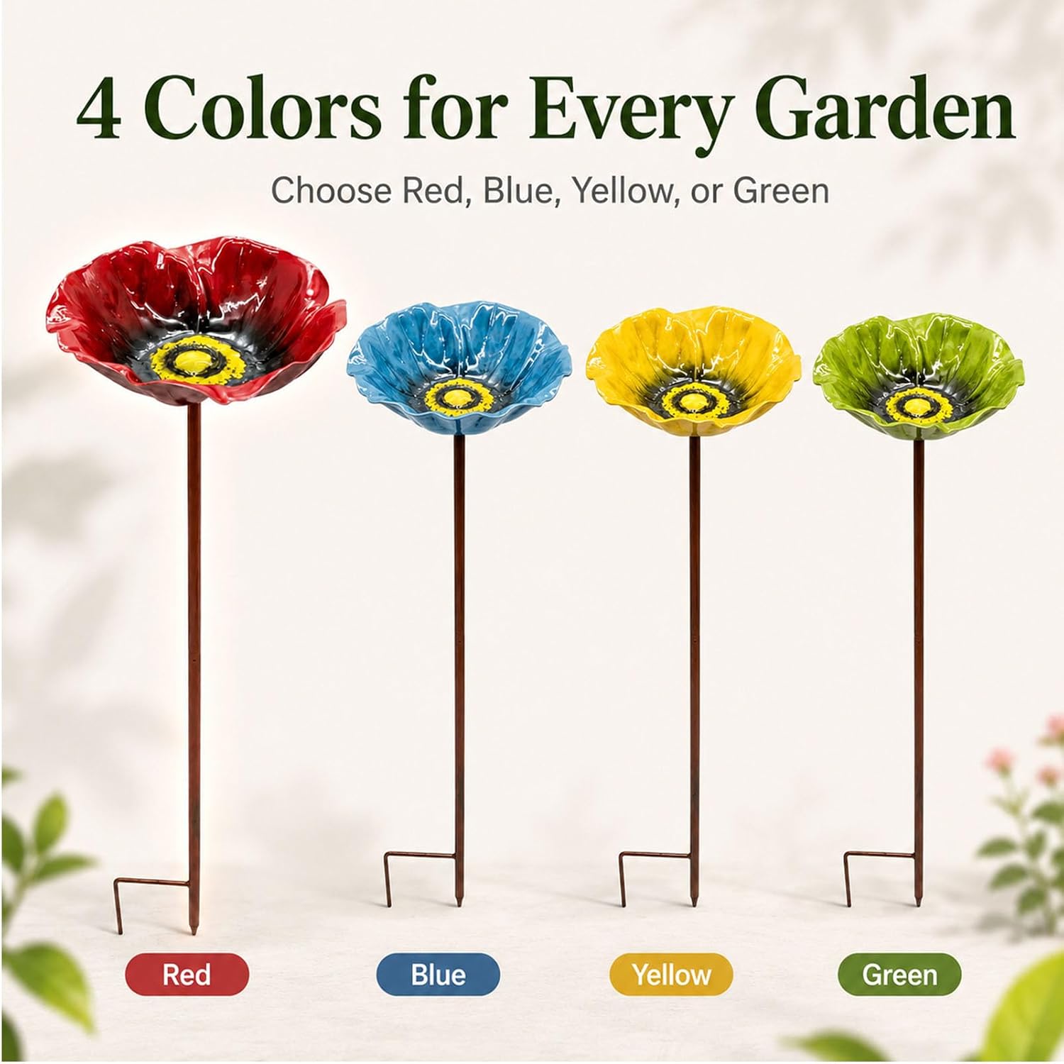 Flower Bird Bath and Feeder, 24.8-Inch Outdoor Metal Stake (Rose red) | Flower-shaped bowl holds water or seed; 3-section metal stake installs tool-free with a stable H-style ground base.