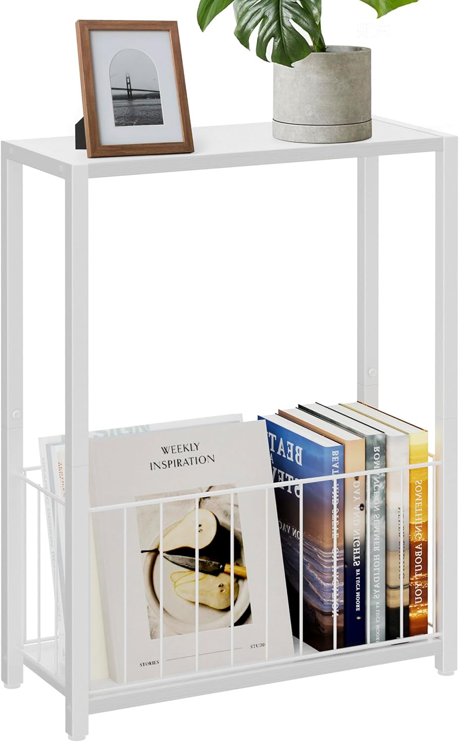 Homleke Narrow Side Table with Magazine Holder, Skinny End Table Perfect for Small Spaces, Space-Saving Design for Living Room, Bedroom, or Office, 7.1" D x 16.9" W x 23.6" H, White
