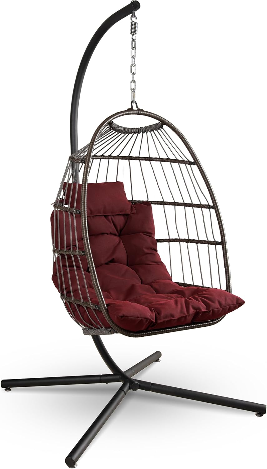 SereneLife Hanging Egg Chair w/Stand - Wicker Rattan Swing, Padded Cushion | Foldable Design, Weather-Resistant Cushion & Padded Headrest Included, 350 lb Capacity, Great for Patio, Backyard & Bedroom.
