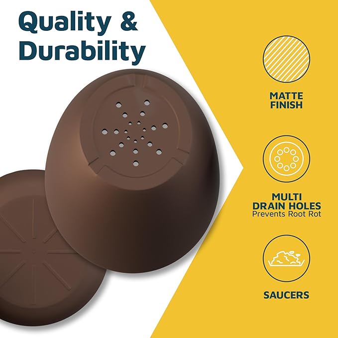 Planter Pots with Drainage Holes - Lightweight, Durable & Space-Saving Pots for Indoor and Outdoor - Versatile Functionality, Simple Modern Design, Set of 10 Plastic Planter Pots - Brown