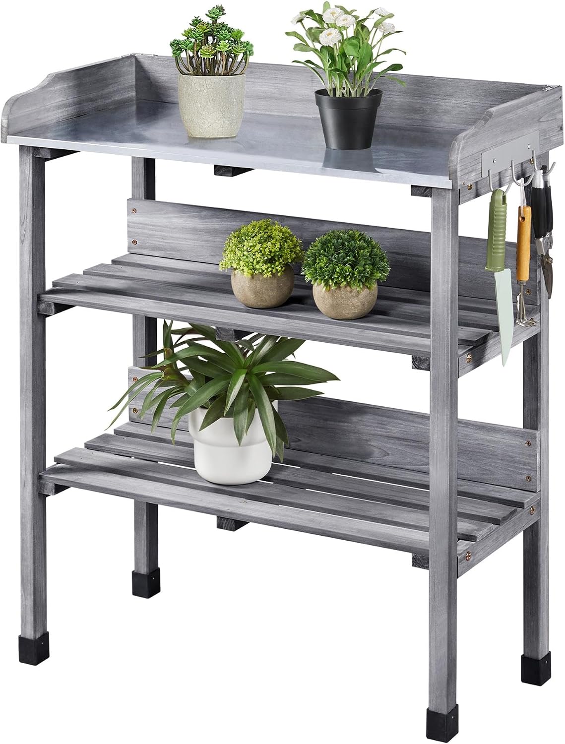 yaheetech potting bench outdoor console table w/3-tier storage,gray, main product view