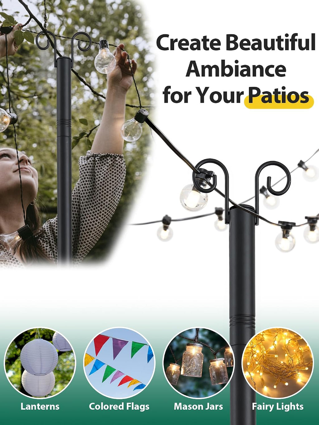 String Light Poles for Outside, 11 Feet Lights Poles with Mount Anchor, 2 PCS Outdoor Lighting Poles Hanging Backyard Garden Party Wedding Decorations, Heavy Duty Metal Stand Posts for Bistro, No Rust