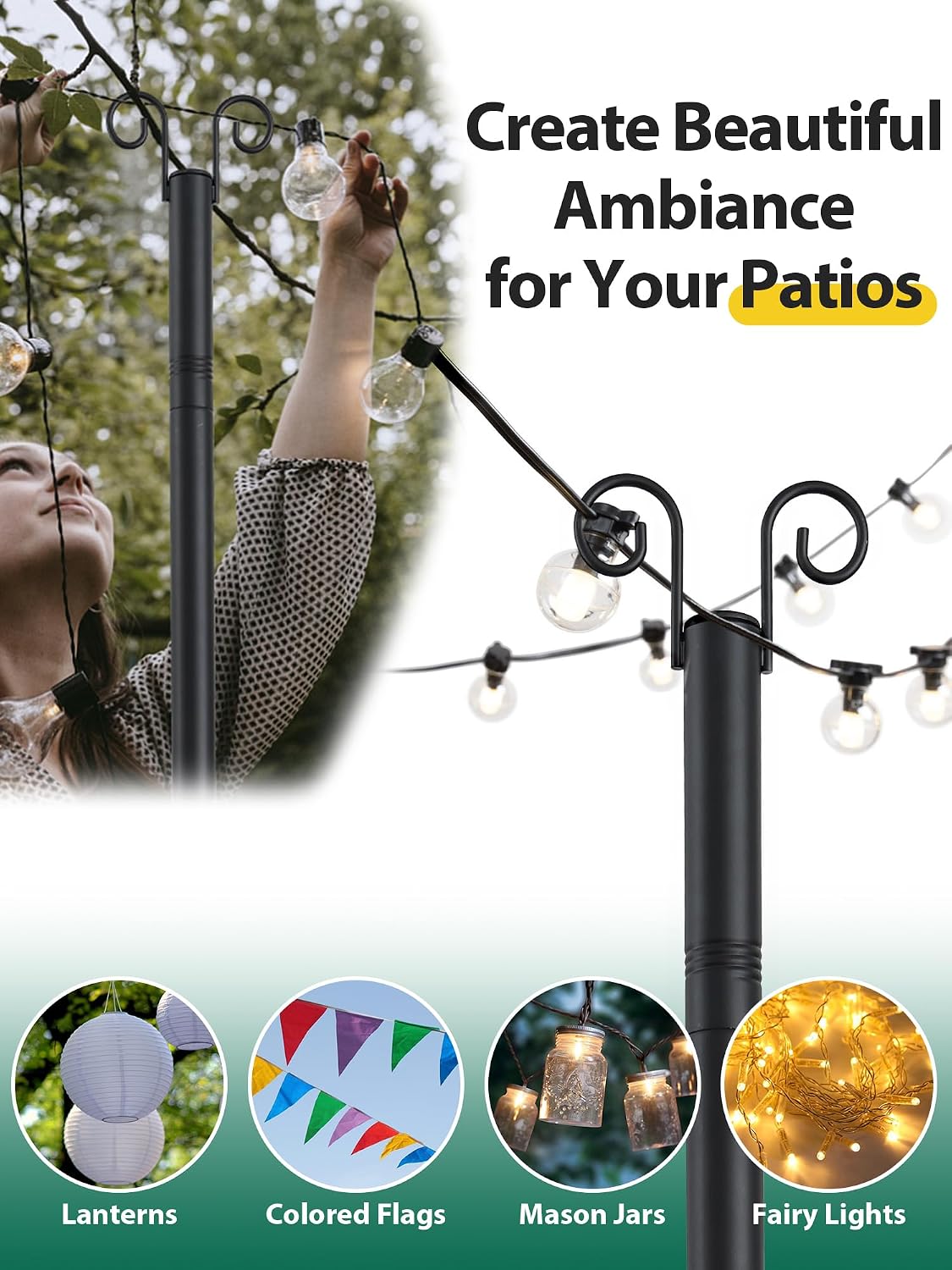 String Light Poles for Outside, 11 Feet Lights Poles with Mount Anchor, 2 PCS Outdoor Lighting Poles Hanging Backyard Garden Party Wedding Decorations, Heavy Duty Metal Stand Posts for Bistro, No Rust