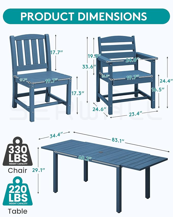 SERWALL 7-Piece Outdoor Dining Set, 60" - 83" Expandable Outdoor Dining Table and 6 HDPE Chairs, All Weather HDPE Outdoor Furniture Set for Backyard, Garden, Blue