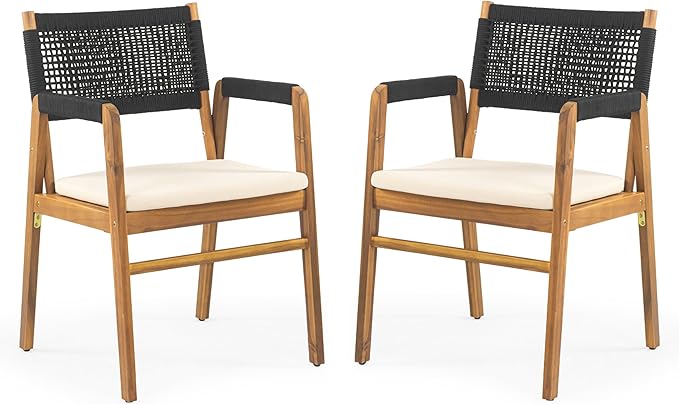 Christopher Knight Home Pasco Acacia Wood Outdoor Dining Table Set for 6, Wicker Patio Dining Set with Acacia Wood Table and Bench, Patio Table and Chair Set with Cushion+Rope Back, Black+Teak+Brown