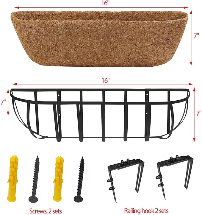 2 Pack 16" Railing Planter Window Box with Coco Fiber Liner Horse Trough Planter The Railing Planter Boxes for Deck Porch Fence Outdoor