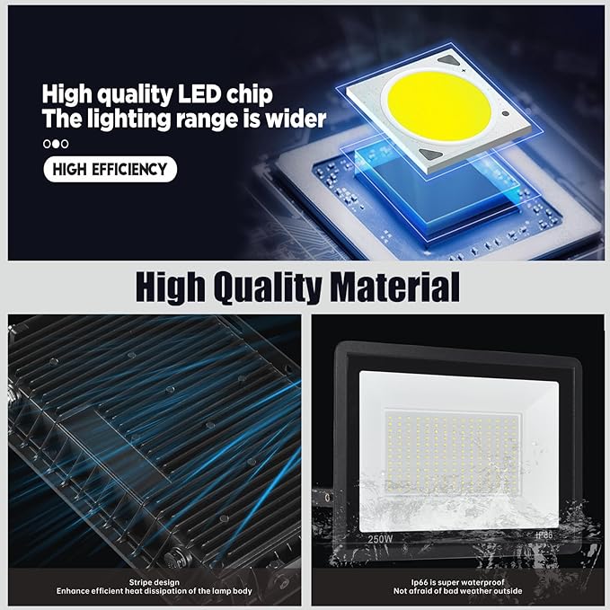 2Pack LED Flood Light Outdoor,250W LED Work Light 25500lmwith 6FT US Plug,IP66 Waterproof Exterior Security Lights,6000K Daylight White Outside Floodlights Slim Design for Playground Yard