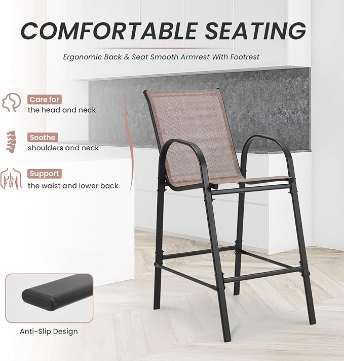 HOMREST Outdoor Bar Height Stools Set of 4,High Back Patio Chairs with Armrests,Textilene Chairs with Breathable Fabric & Metal Frame for All Weather,Taupe