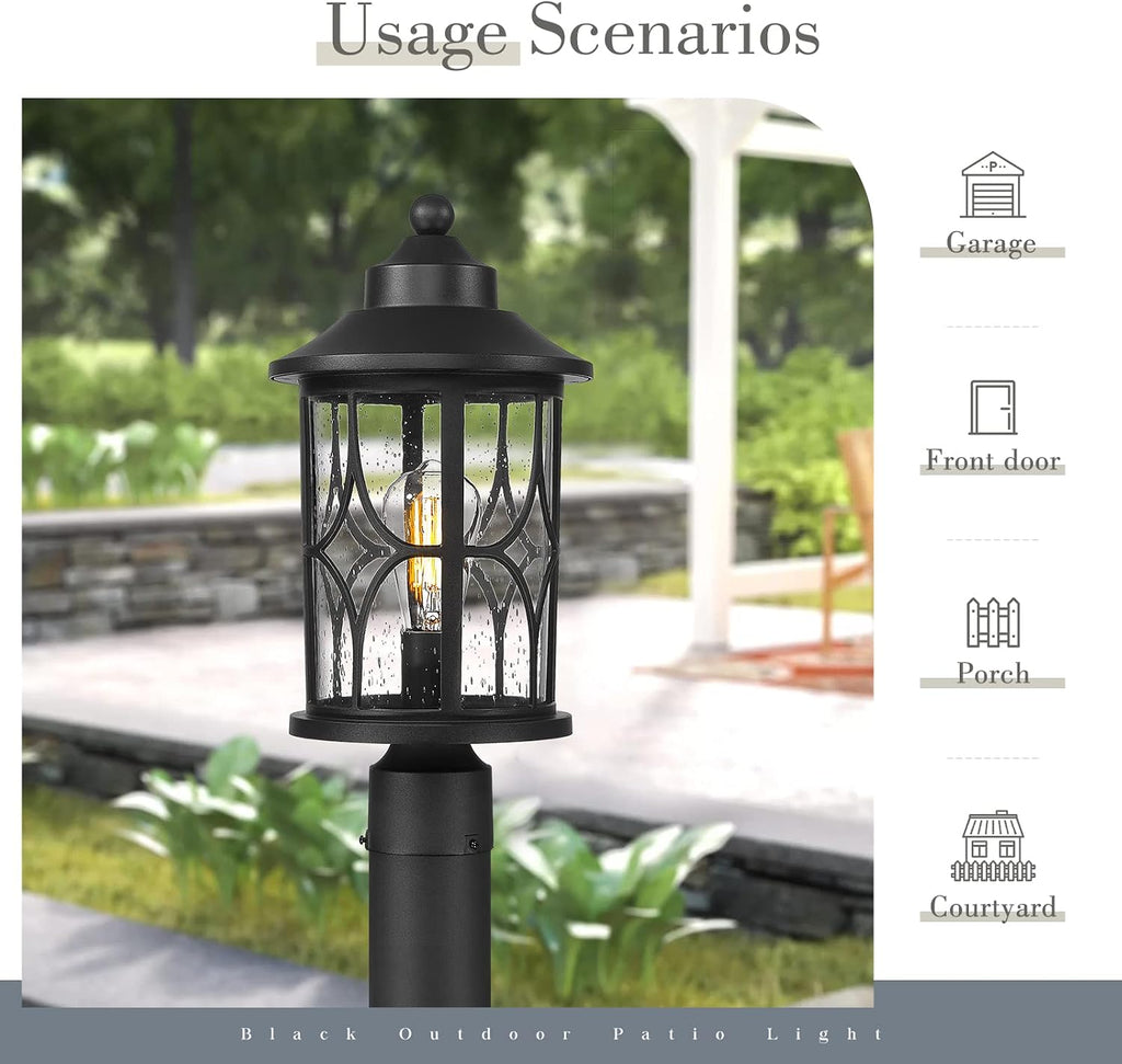 zeyu Farmhouse Exterior Post Light Fixture, 17 Inch Modern Outdoor Pole Light for House Patio Yard, Die-Cast Aluminum with Seeded Glass Shade, Black Finish, ZX48MP BK