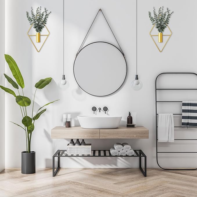 Jexine 8 Pcs Hanging Planters with Artificial Eucalyptus Metal Hanging Vase Indoor Plants Holder Modern Geometric Boho Bathroom Wall Decor for Living Room Home Office (Eucalyptus,Gold)