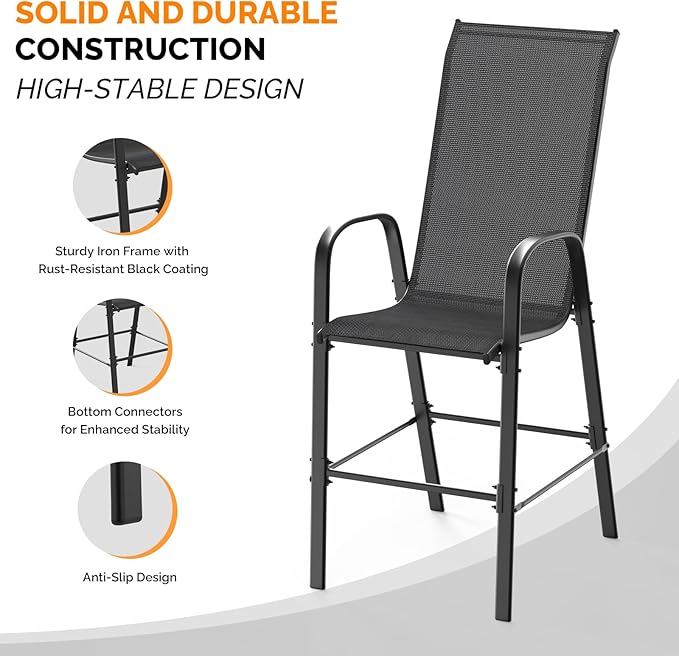 VINGLI Outdoor Bar Chairs Set of 8 – Stackable Outdoor Bar Stools with Sturdy Sling High Back and Armrests for Lawn, Courtyard, Garden, Bar, Black