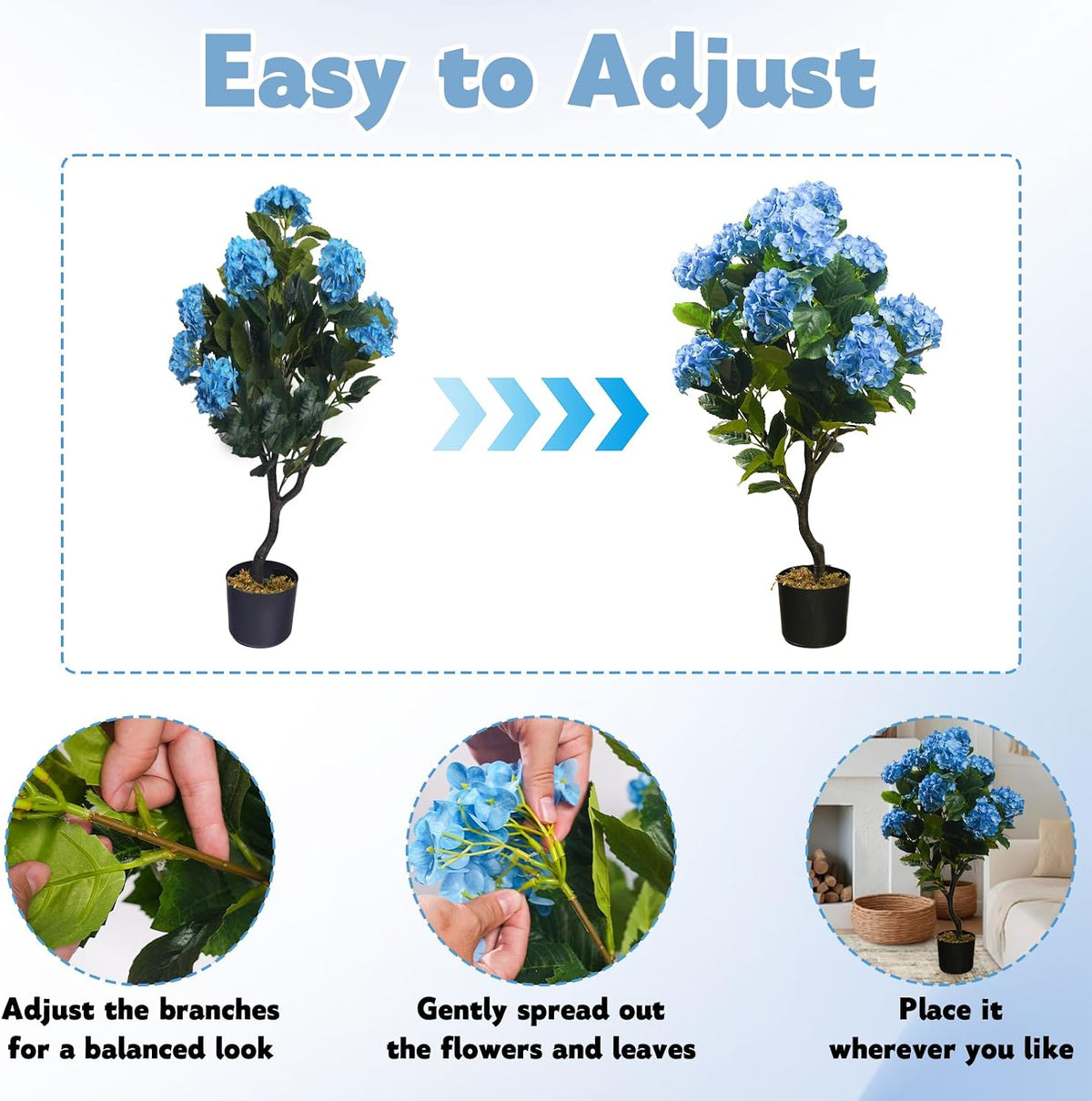 artificial hydrangea trees potted, 3ft uv resistant faux, side view