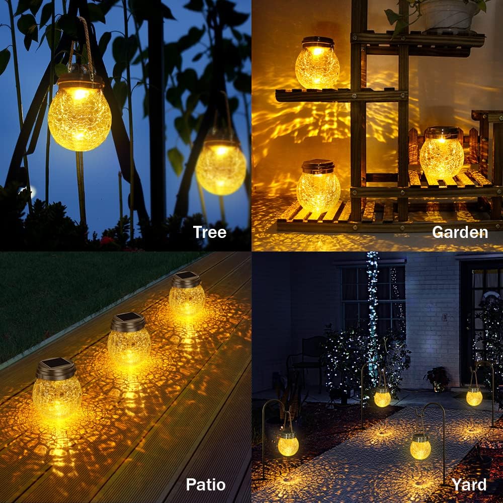 DBF Solar Lanterns Outdoor 2 Pack - Waterproof IP65 Hanging Solar Lights with Warm Amber & RGB Colors, Crackle Glass LED Ball Lights Globes Garden Decorative for Patio Tree Backyard Pathway Railing