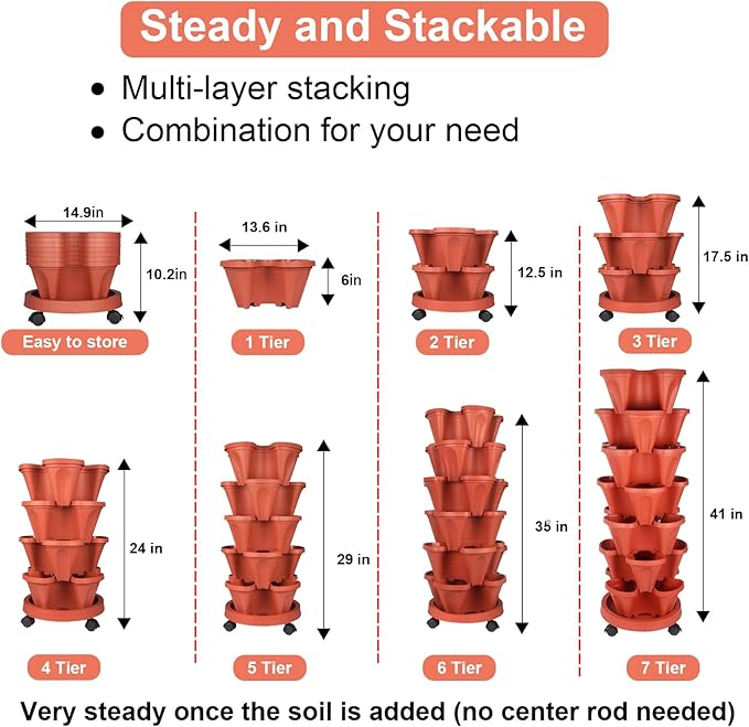 GameXcel Vertical Planter 7 Tier Stackable Planters Garden Planters Strawberry Herb Flower and Vegetable Planter Indoor Outdoor Gardening Pots with Removable Wheels and Tools 2-Pack