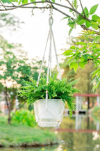 Melphoe Self Watering Hanging Planters for Indoor Plants, 1 Pack 8.3 Inch Outdoor Hanging Plant Pot Basket, 2 Kinds of Hangers Macrame 35.5’’ & Metal Chain 19.6’’ for Garden Home Decor