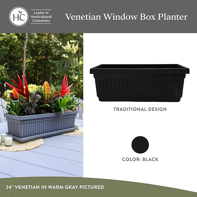The HC Companies 24 Inch Venetian Window Planter Box with Drainage Plug, Lightweight UV-Resistant Plastic Indoor & Outdoor Planters, 2-Pack Flower Box for Garden & Home Decor, Black