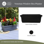 The HC Companies 24 Inch Venetian Window Planter Box with Drainage Plug, Lightweight UV-Resistant Plastic Indoor & Outdoor Planters, 2-Pack Flower Box for Garden & Home Decor, Black