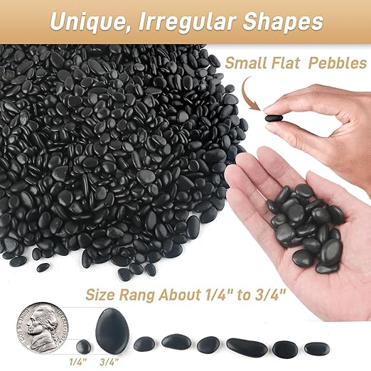 2lb Black Rocks for Planters- 1/4" - 3/4" Polished Black Stones Smooth Flat Pebbles for Fish Tanks Decorative River Rocks for Vases Bonsai Pots Garden Stones for Landscaping and Yards
