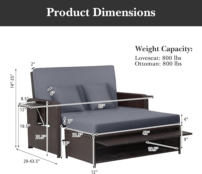 LDAILY Moccha Outdoor Daybed, Wicker Loveseat Sofa Set with 4-Postion Adjustable Backrest, Storage Ottoman, Cushions, Rattan Double Bed Lounger, Patio Furniture Set (Gray)