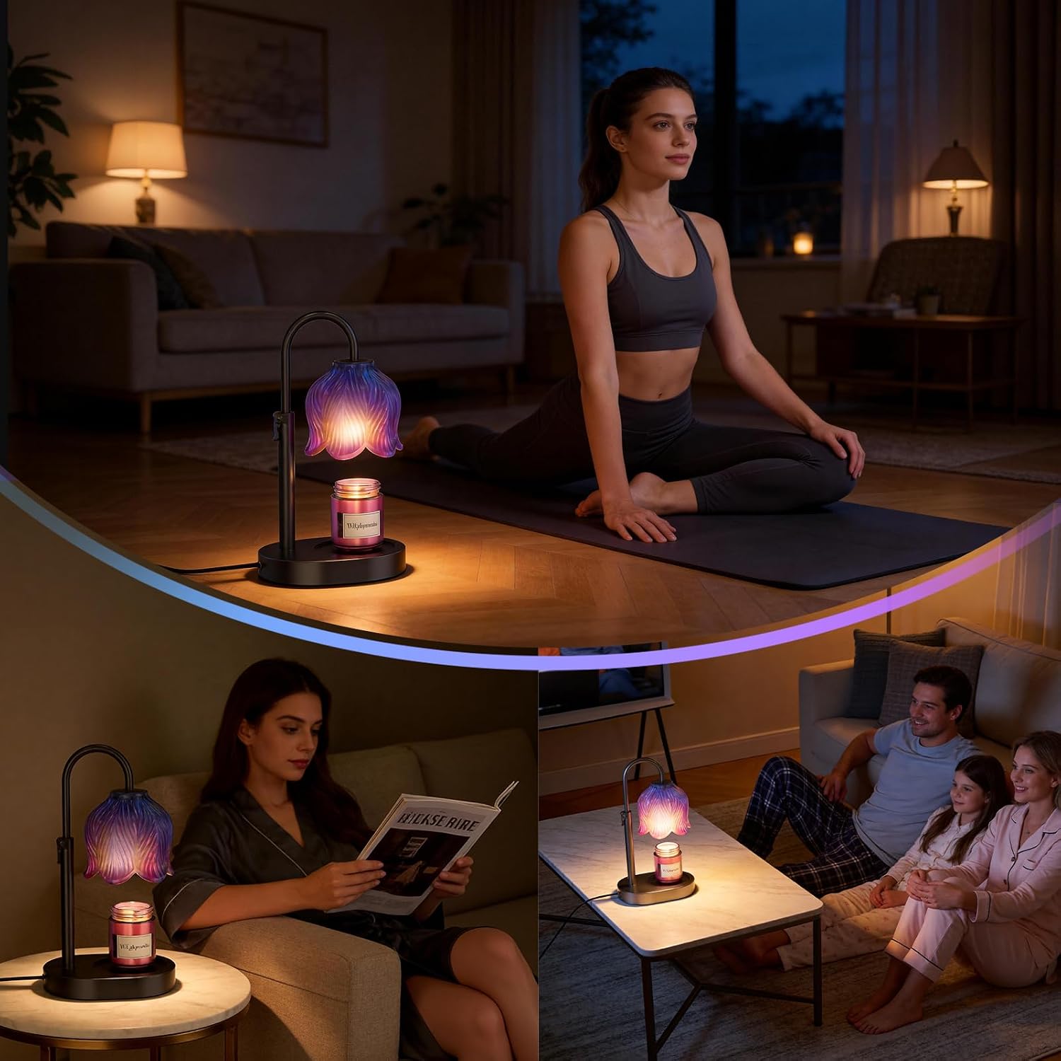 Flower Candle Warmer Lamp, Timer & 4-Level Dimmer, Adjustable Height | Flameless Electric Wax Warmer for Jar Candles, Includes 2 Bulbs, Wooden Base,Blue, Gift for Mom & Women, Housewarming
