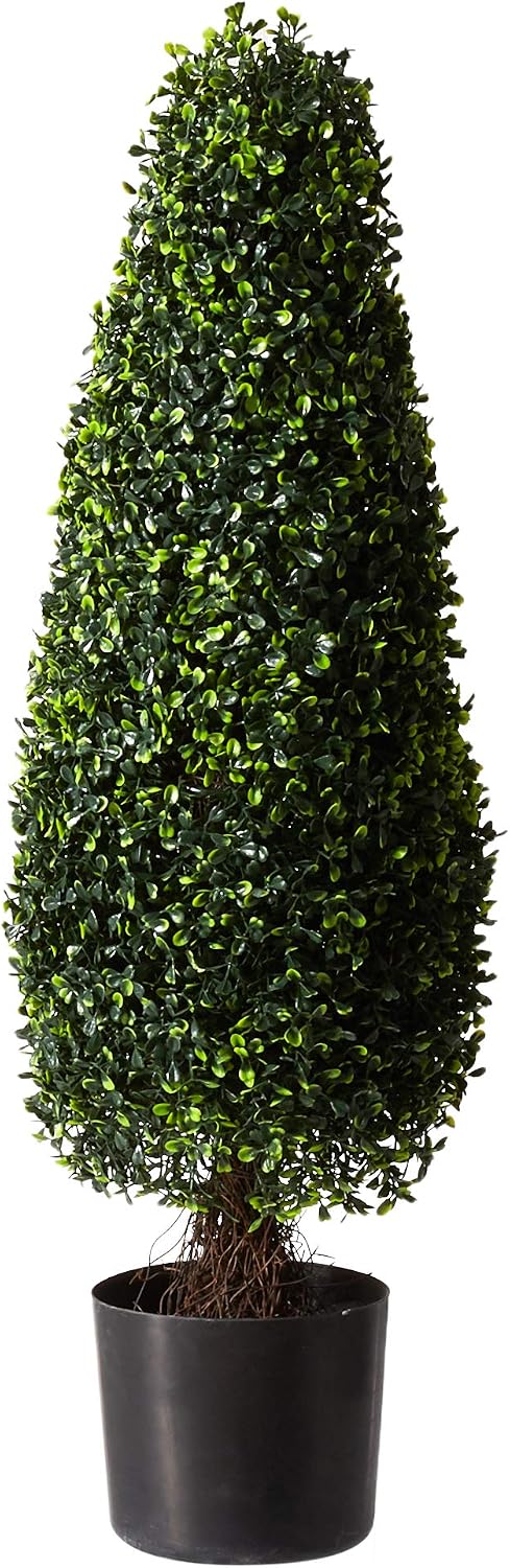 nearly natural 3 ft artificial boxwood tower topiary shown in use