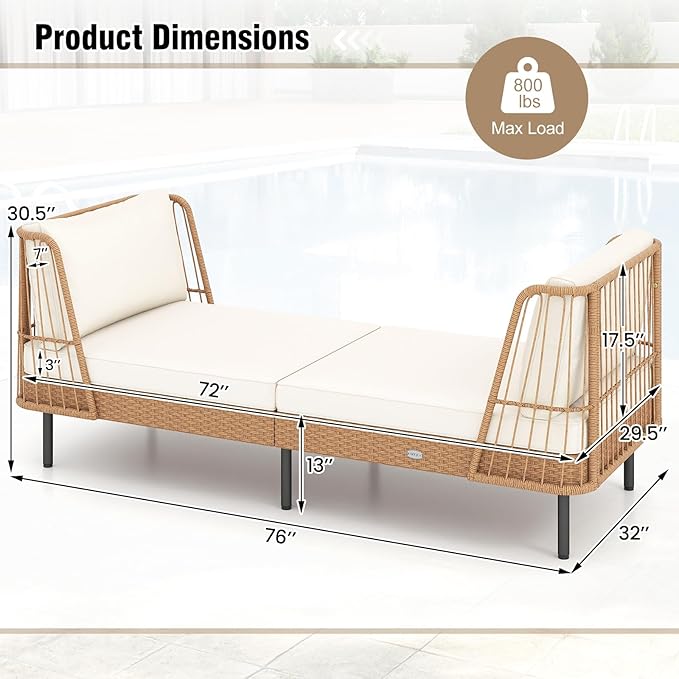 Tangkula Patio Rattan Daybed Set of 2, Boho Outdoor Wicker Lounge Sofa with Seat & Back Cushions, 2-Seat Bench Sun Lounger Chair with Robust Metal Legs for Deck, Backyard, Porch, Poolside (Off White)