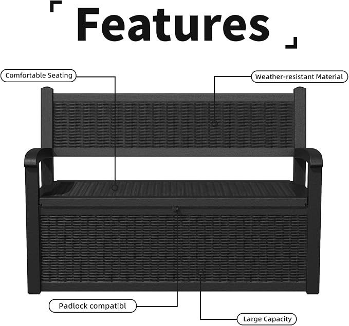 80 Gallon Outdoor Storage Bench Deck Box Waterproof Lockable,Outdoor Storage Furniture for Patio,Garden and Porch,Tools and Cushions（Black）